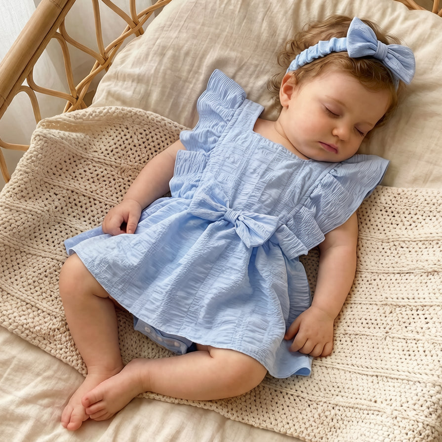 2PCS Cozy Solid Color Bowknot Flutter Sleeve Baby Romper