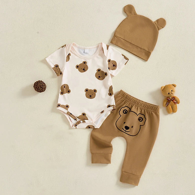3PCS Comfy Bear Print Short Sleeve Baby Set