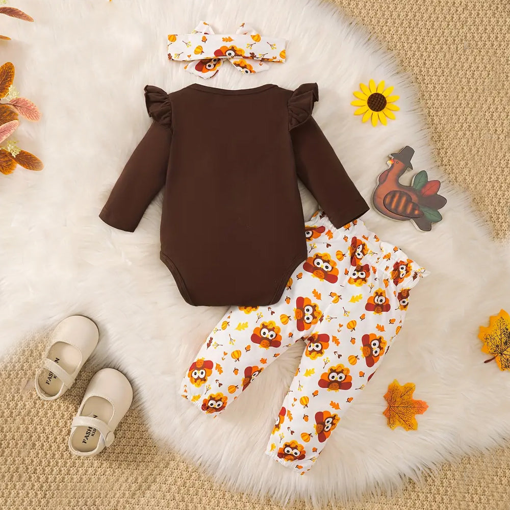 3PCS Happy Thanksgiving Letter Turkey Printed Long Sleeve Baby Set