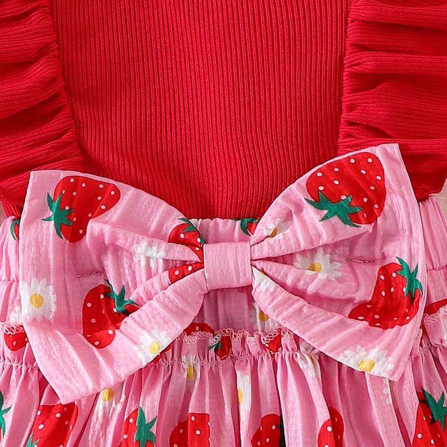 2PCS Cute Strawberry Floral Print Flutter Sleeve Baby Romper