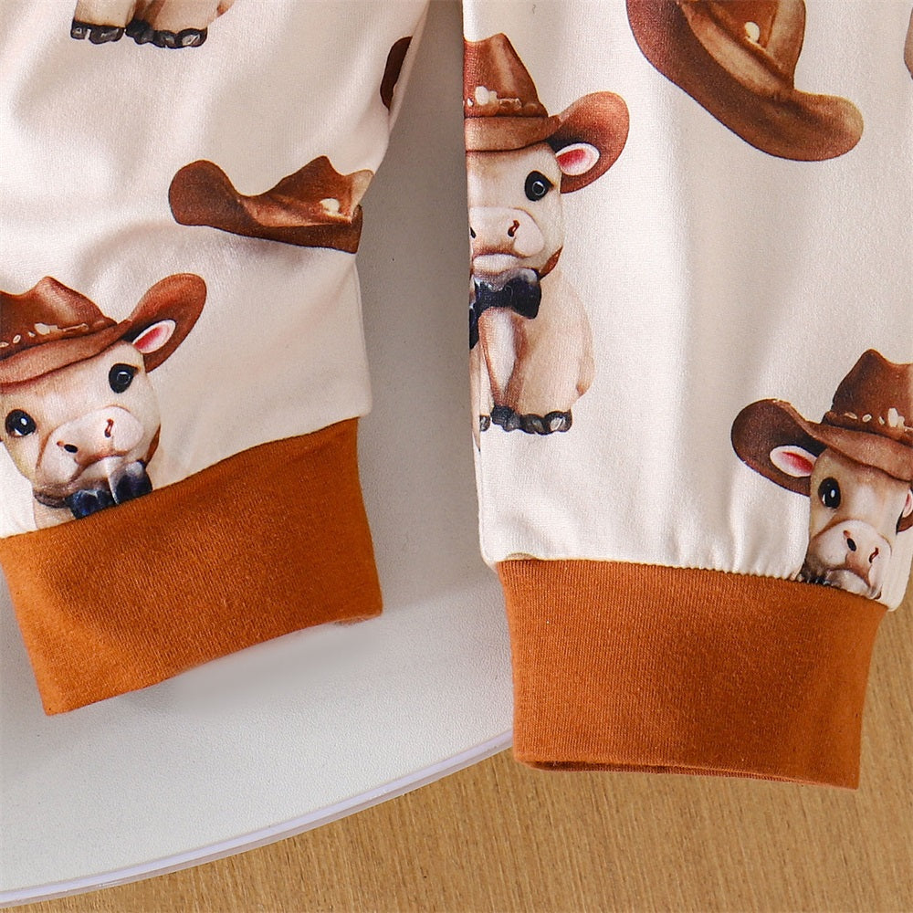 3PCS New To The Herd Letter Cow Print Long Sleeve Baby Set