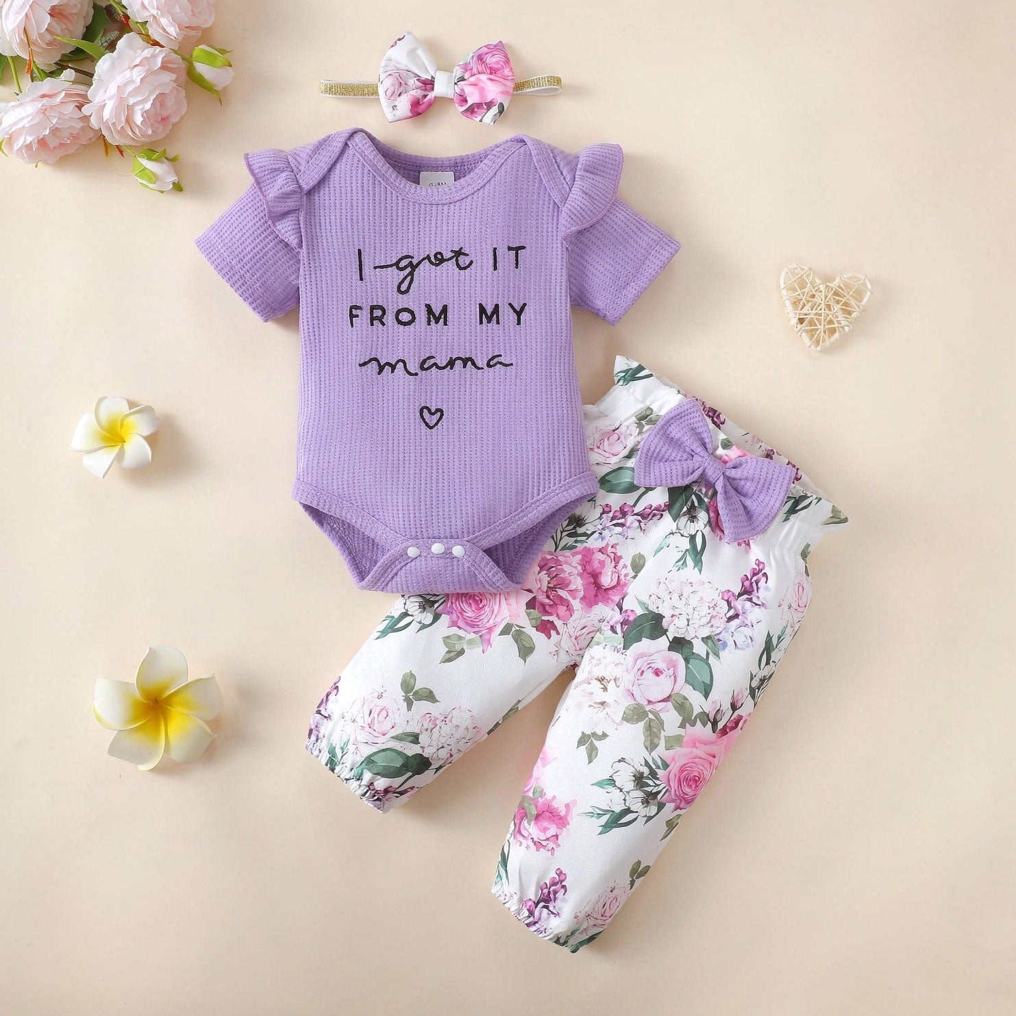 3PCS Adorable I Got It From My Letter Floral Printed Short Sleeve Baby Set