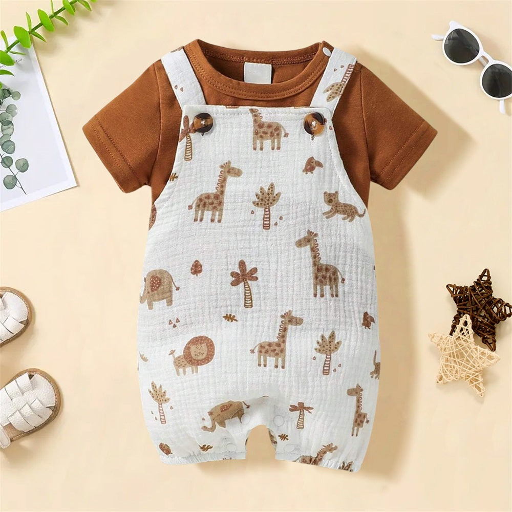 2PCS Summer Adorable Printed Short Sleeve Baby Overalls Set