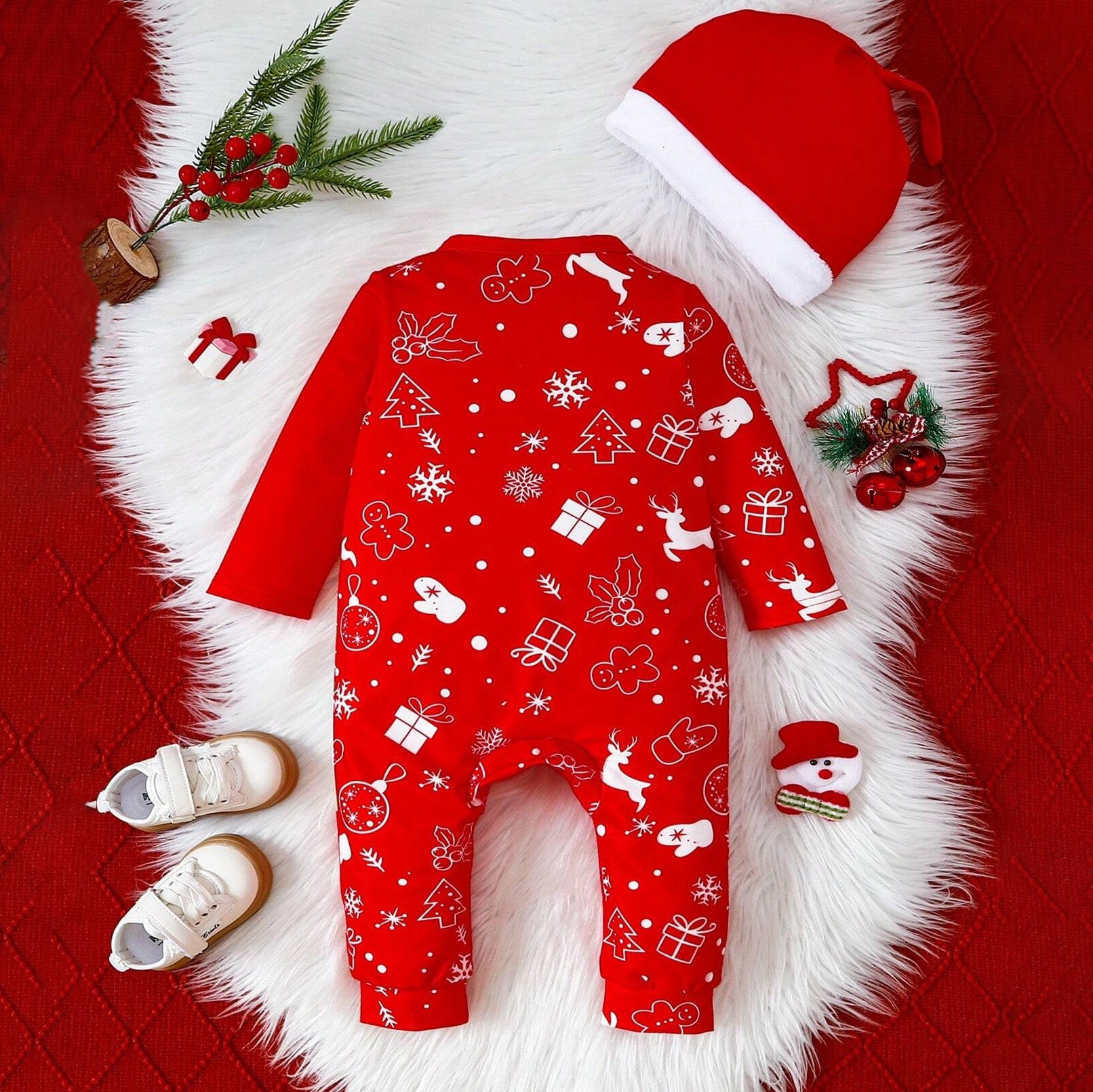 2PCS Christmas Elk Print Long Sleeve Baby Jumpsuit