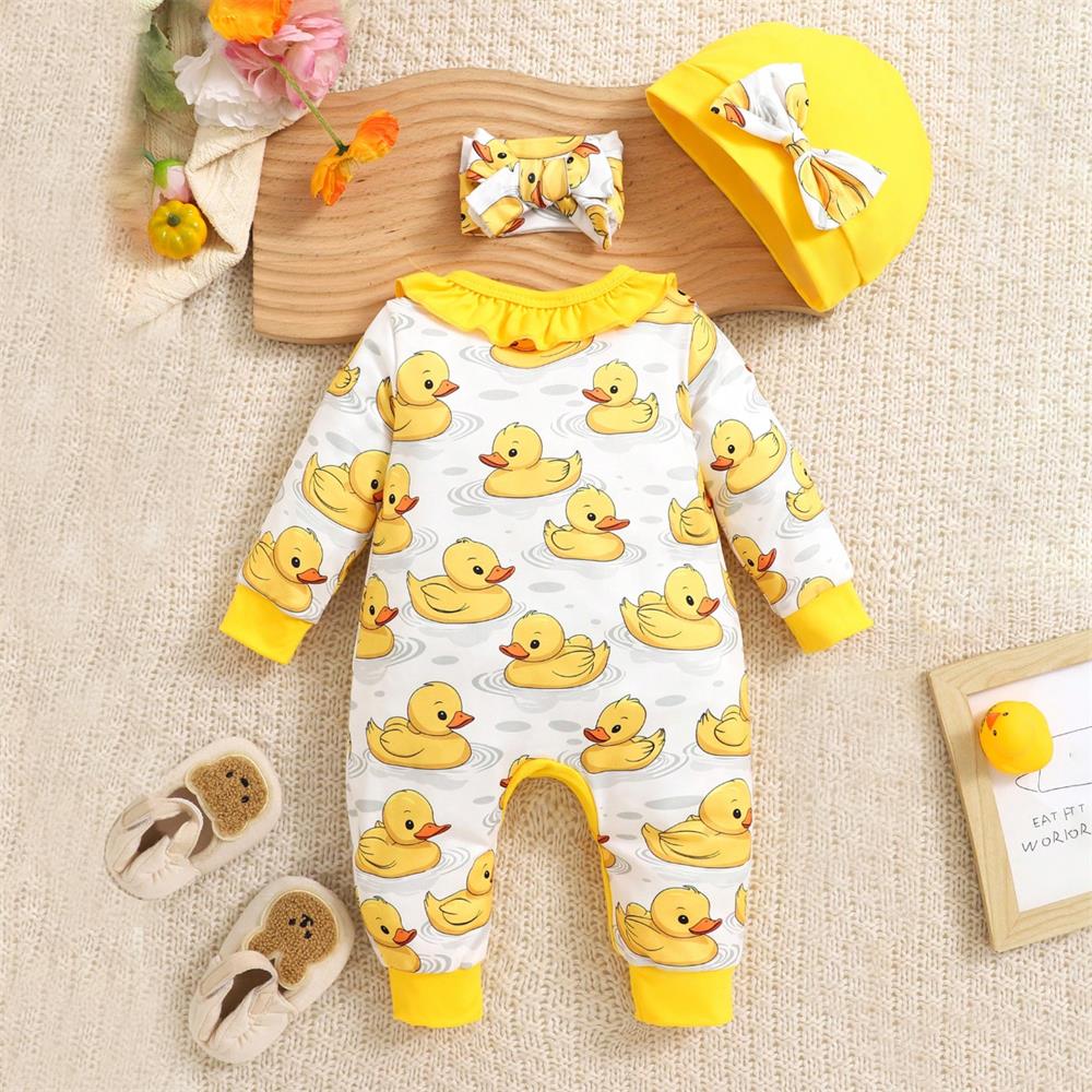 3PCS Little Yellow Duck Print Long Sleeve Baby Girl Jumpsuit
