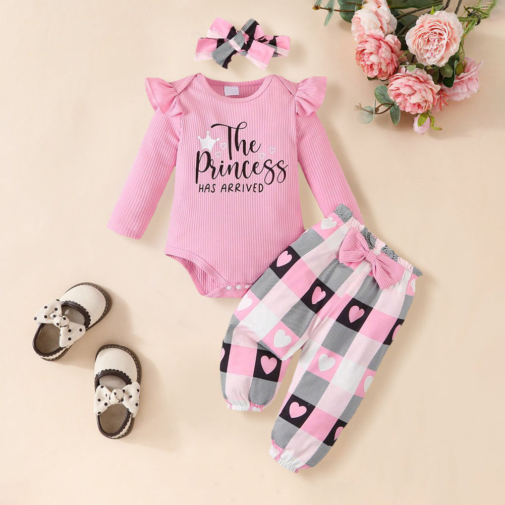 3PCS The Princess Has Arrived Letter Plaid Printed Long Sleeve Baby Set