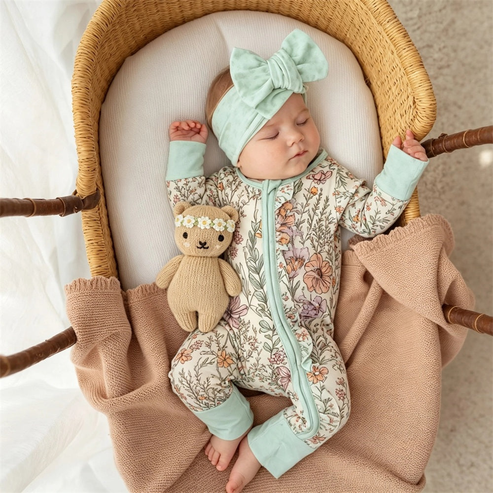 2PCS Adorable Floral Print Long Sleeve Zipper Baby Girl Jumpsuit