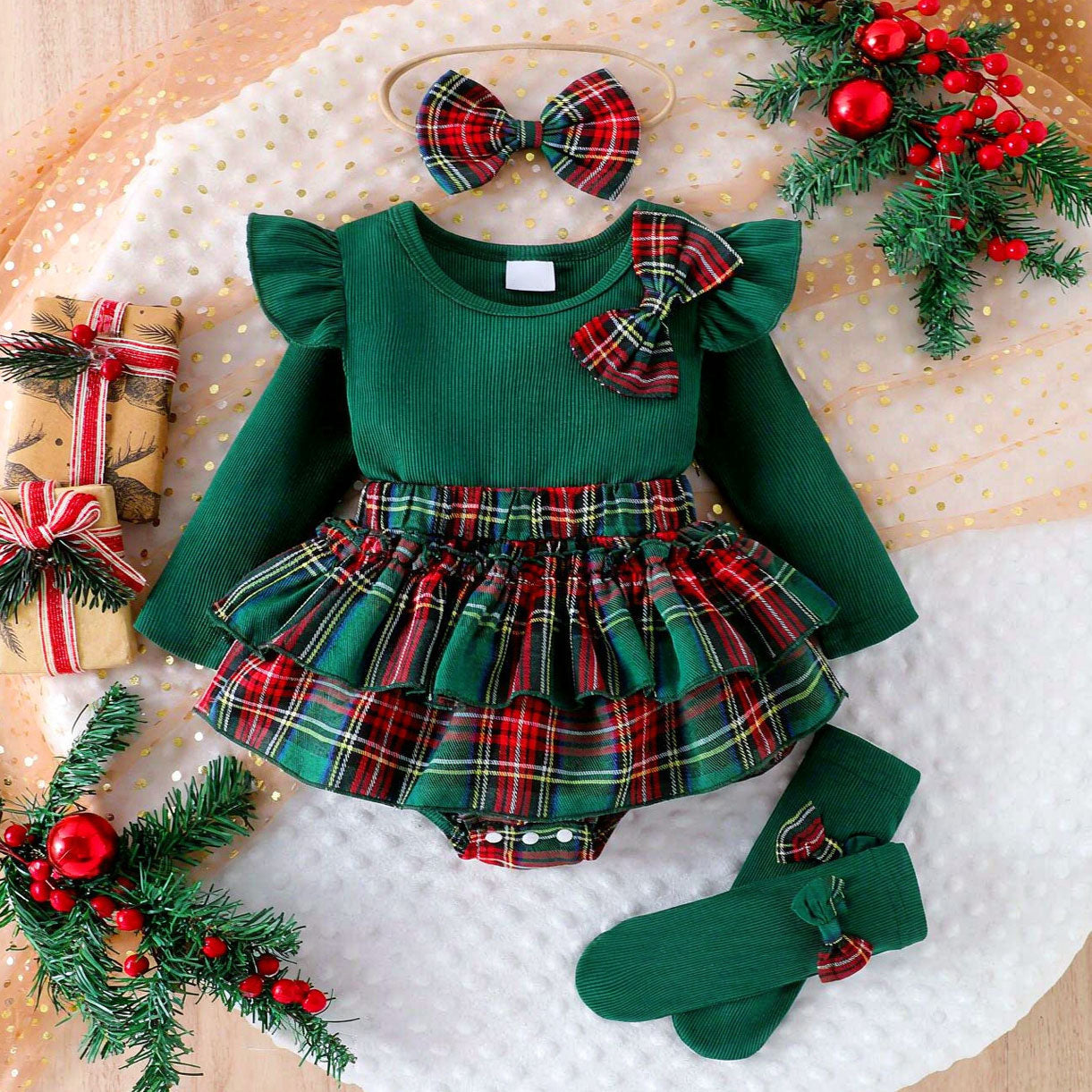 3PCS Sweet Color-Blocked Plaid Printed Long Sleeve Baby Romper