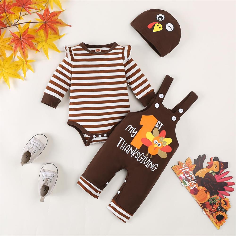 3PCS My 1st Thanksgiving Print Striped Long Sleeve Baby Set