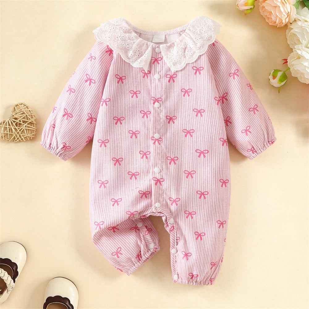 Sweet Bow Print Long Sleeve Baby Jumpsuit