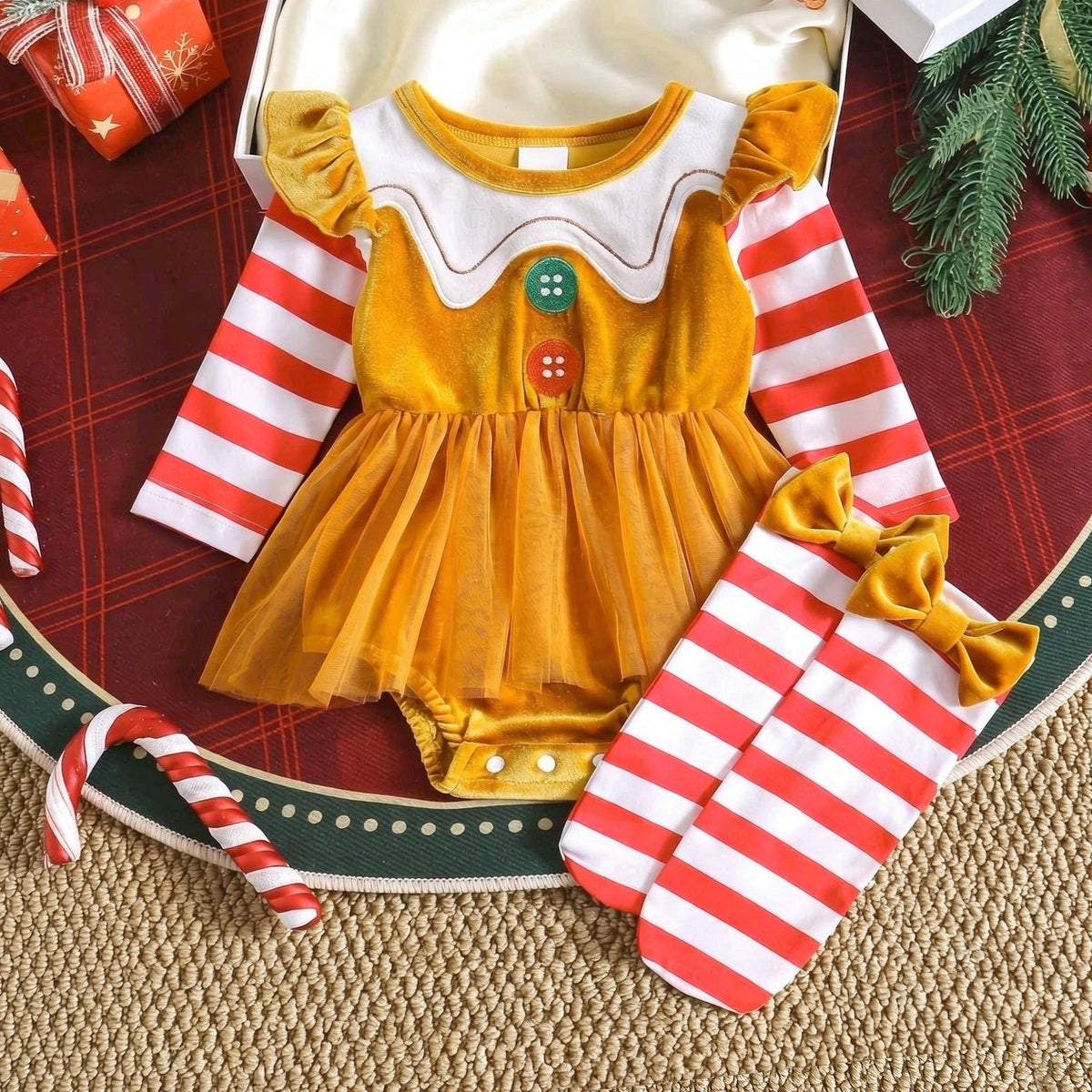 2PCS Gingerbread Man Stripe Print Velvet Baby Christmas Romper