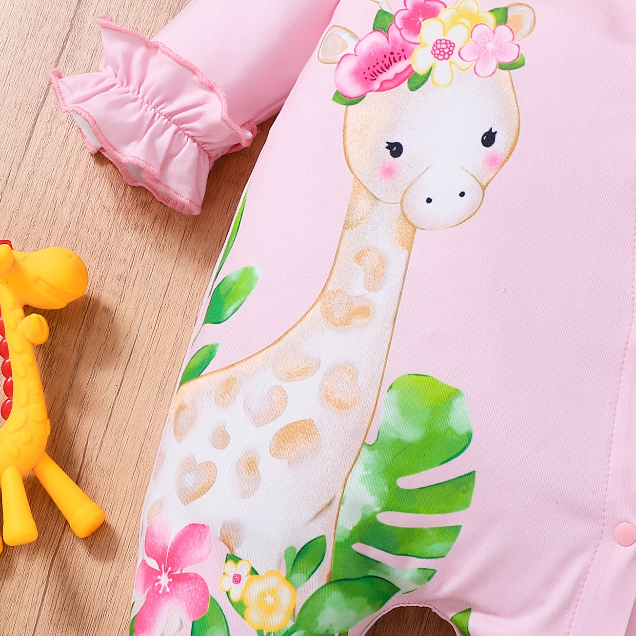 Sweet Giraffe Floral Print Long Sleeve Baby Jumpsuit