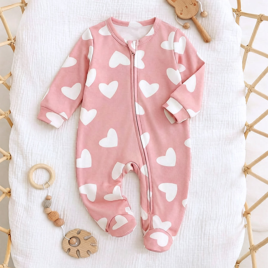 Adorable Heart Print Long Sleeve Zipper Baby Jumpsuit