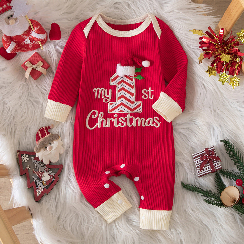 My 1st Christmas Letter Embroidery Long Sleeve Baby Jumpsuit
