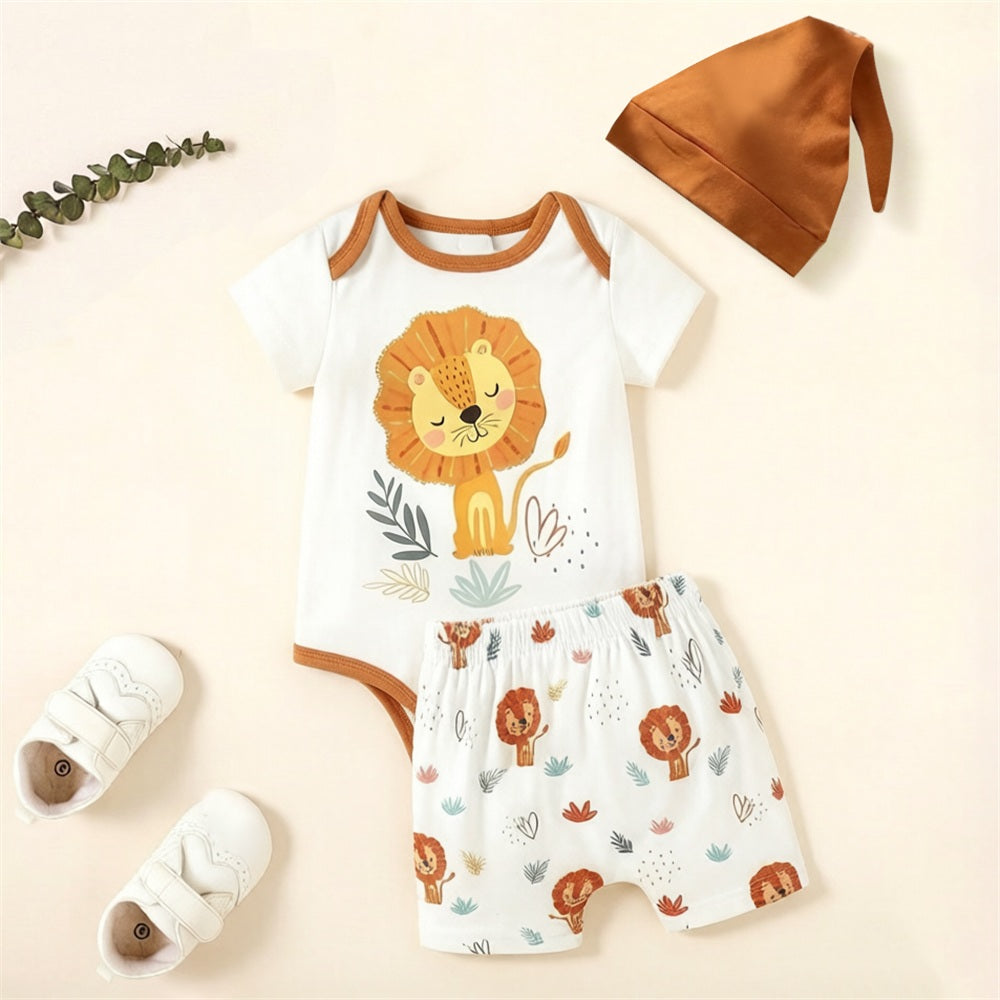 3PCS Cute Lion Print Short Sleeve Baby Set