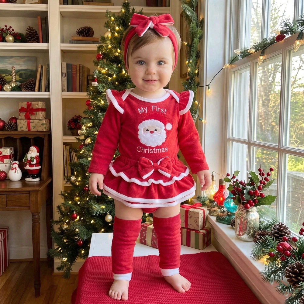 4PCS My First Christmas Letter Santa Claus Embroidered Fleece Baby Set