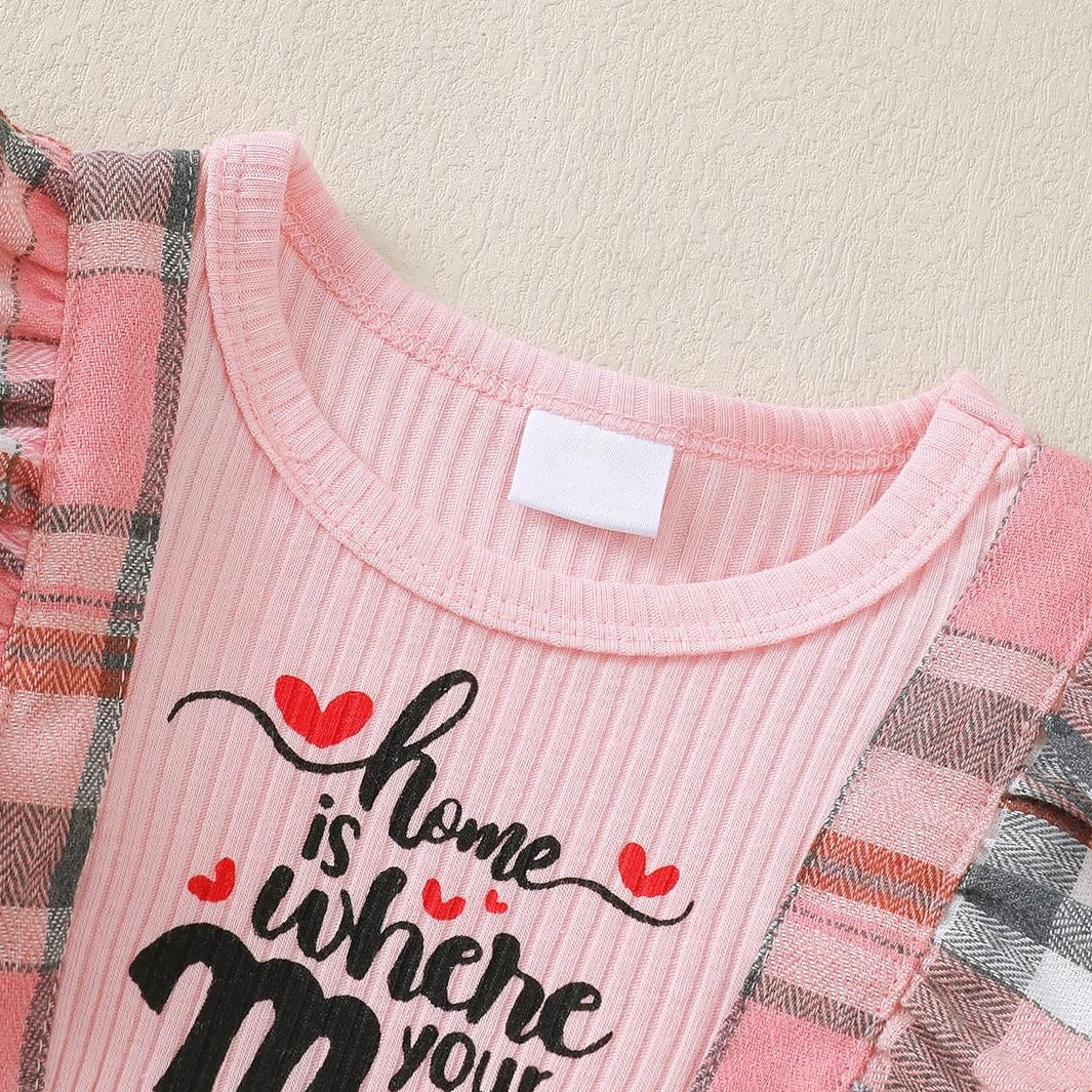 2PCS Home Is Where Your Mom Is Letter Plaid Printed Baby Jumpsuit