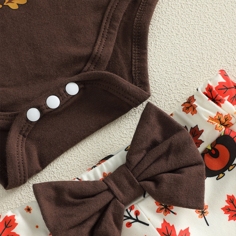 3PCS Cutest Little Turkey Letter Maple Leaves Print Thanksgiving Baby Set