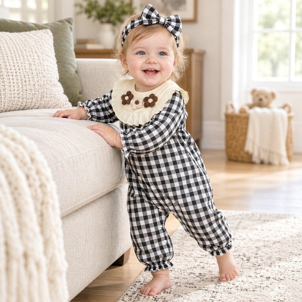 2PCS Chic Floral Applique Plaid Print Long Sleeve Baby Girl Jumpsuit