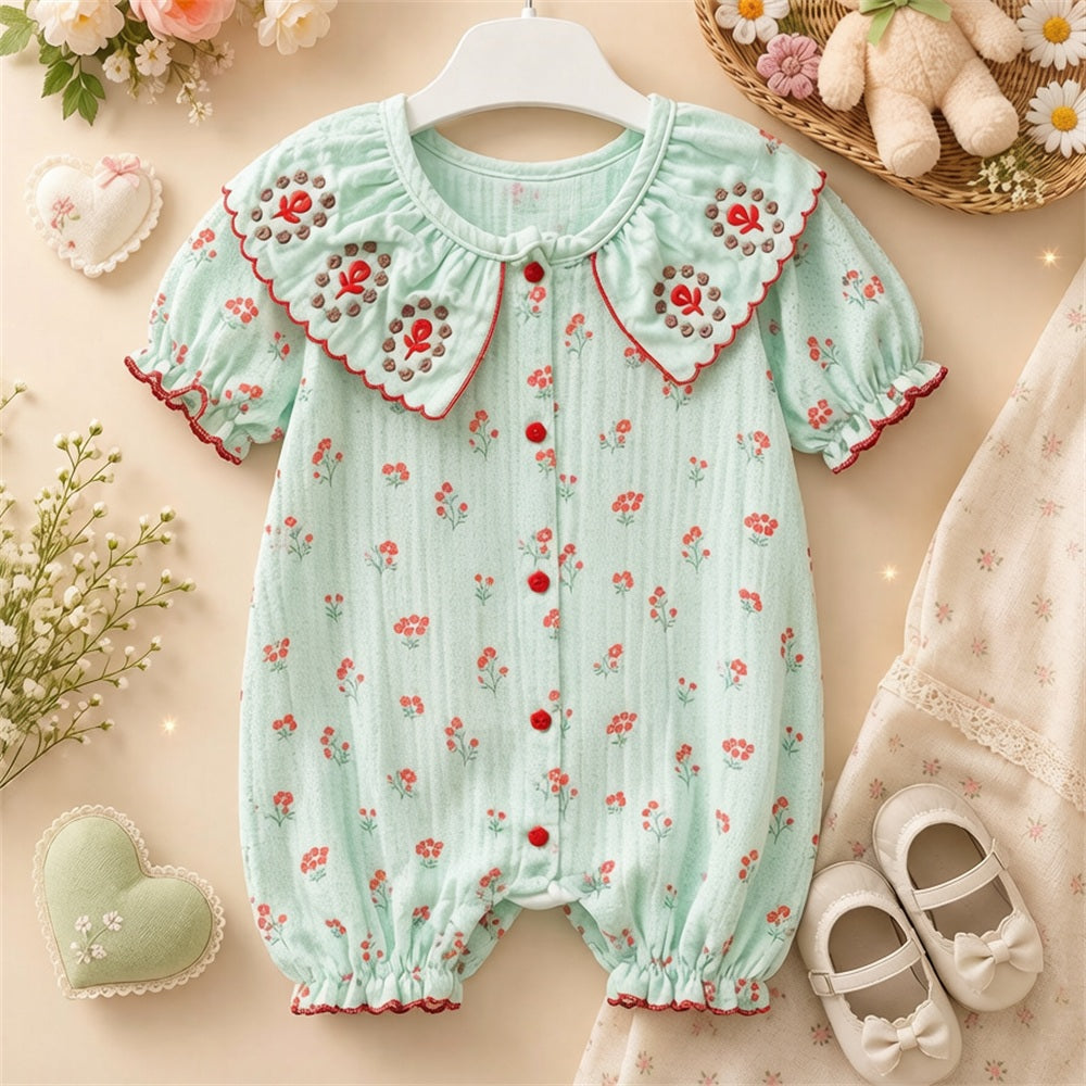 Exquisite Floral Printed Short Sleeve Baby Jumpsuit