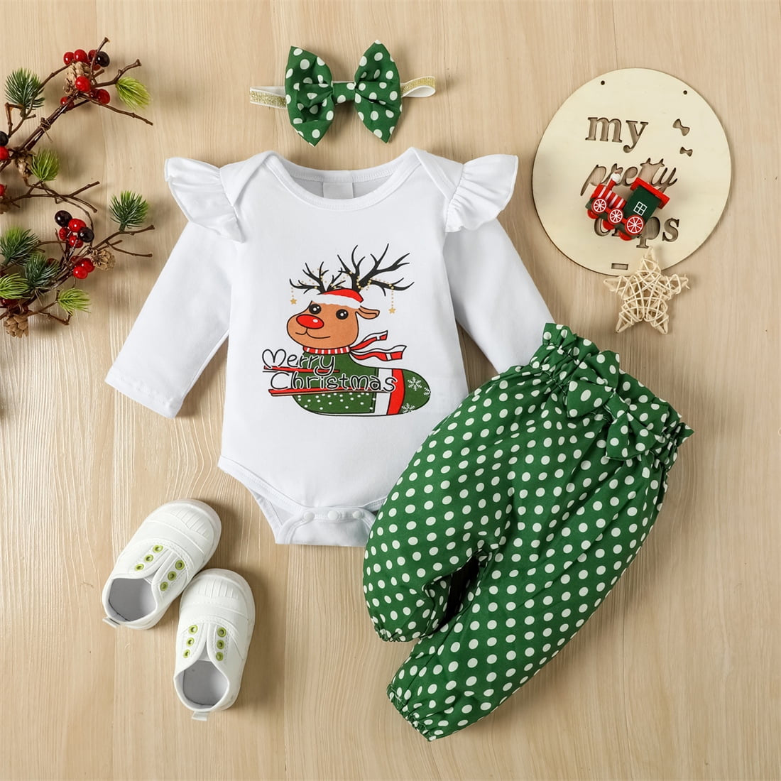 3PCS Merry Christmas Letter Polka Dots Printed Long Sleeve Baby Set