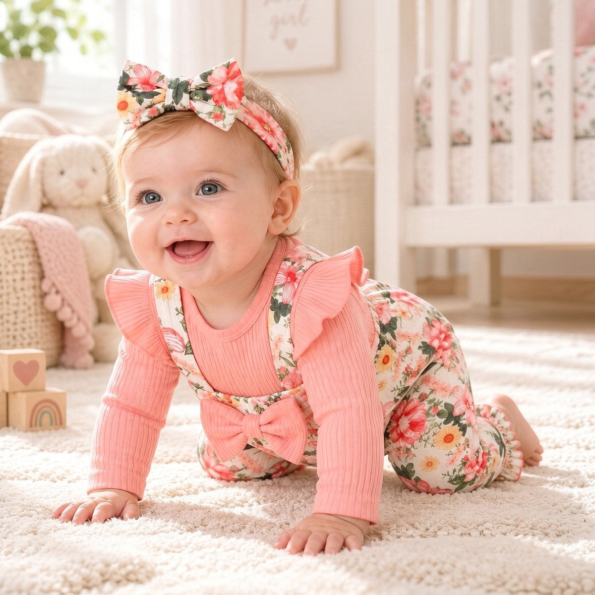 2PCS Delightful Baby Girl Floral Print Faux Two Piece Jumpsuit