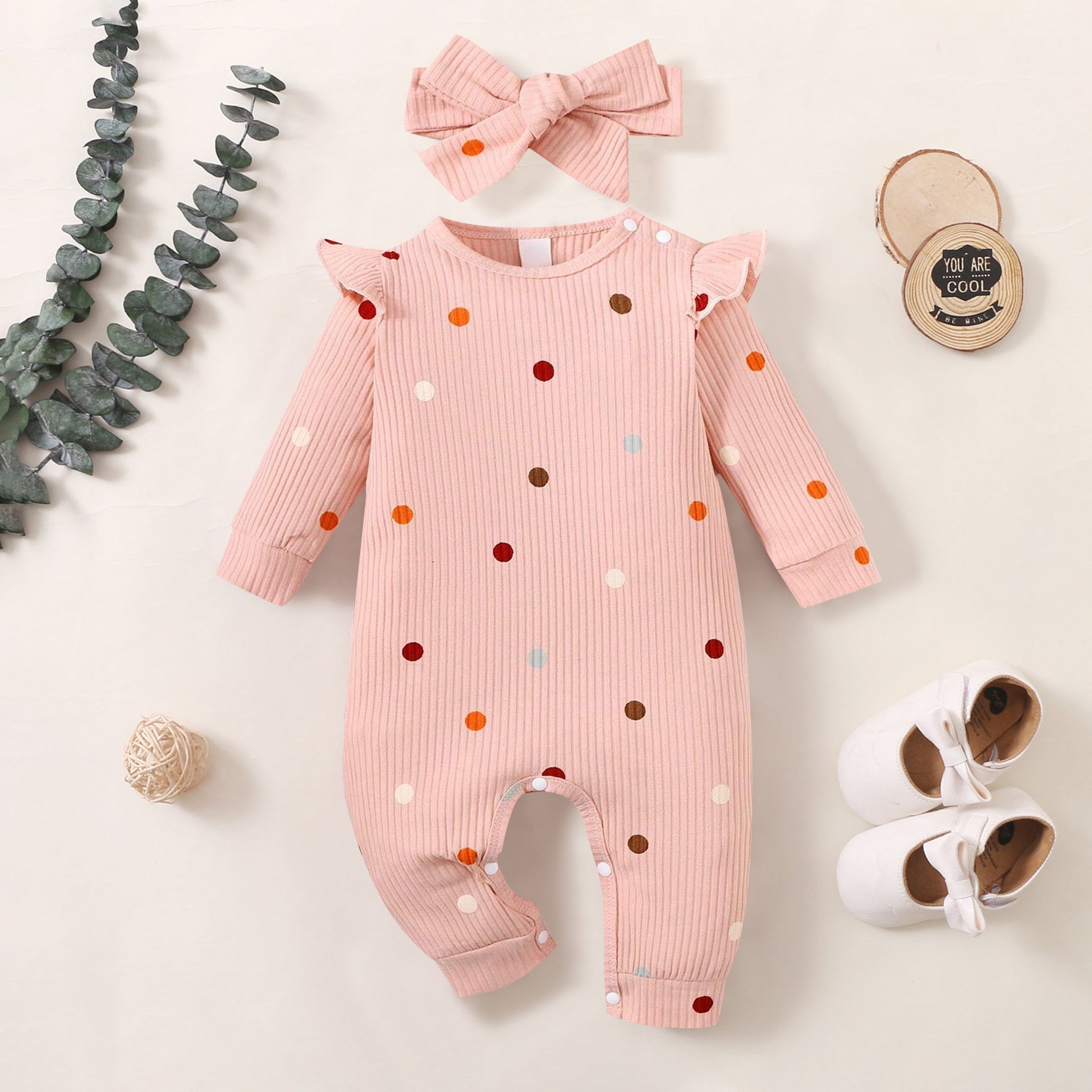 2PCS Lovely Polka Dots Printed Long Sleeve Baby Jumpsuit