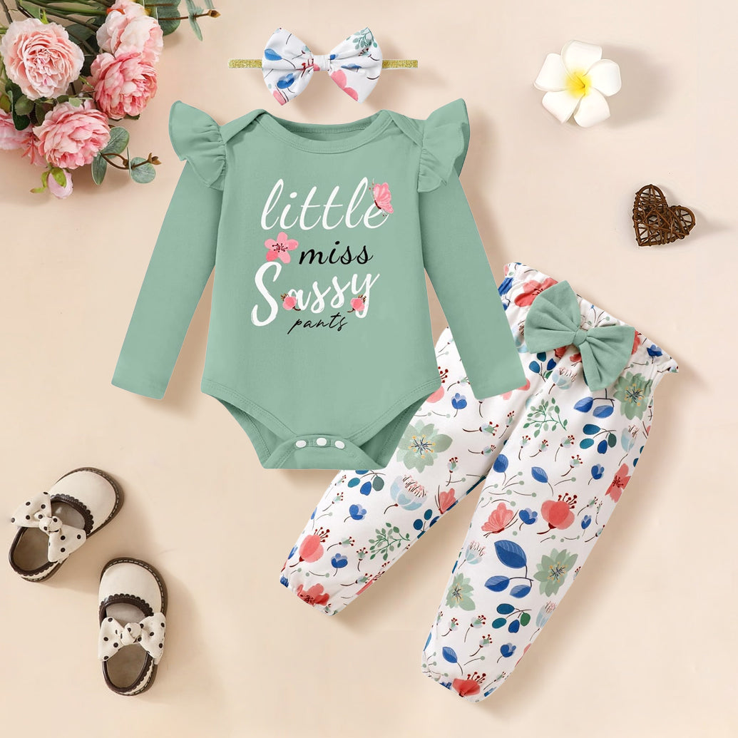 3PCS Little Miss Sassy Pants Letter Floral Printed Baby Girl Set