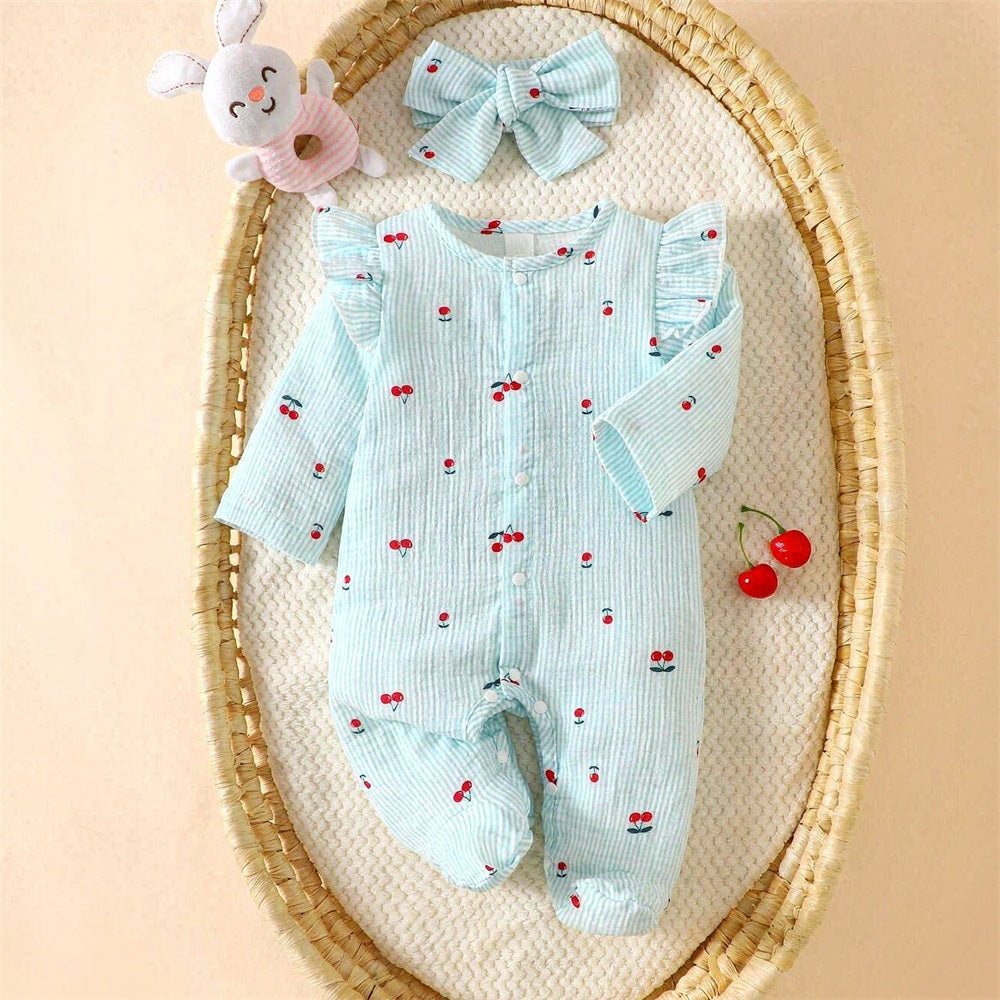 2PCS Lovely Cherry Printed Long Sleeve Baby Jumpsuit