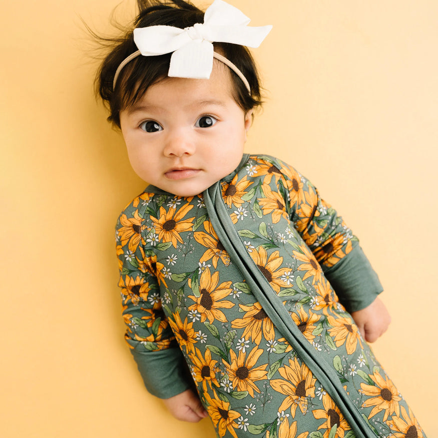 Elegant Sunflower Printed Long Sleeve Zipper Baby Jumpsuit