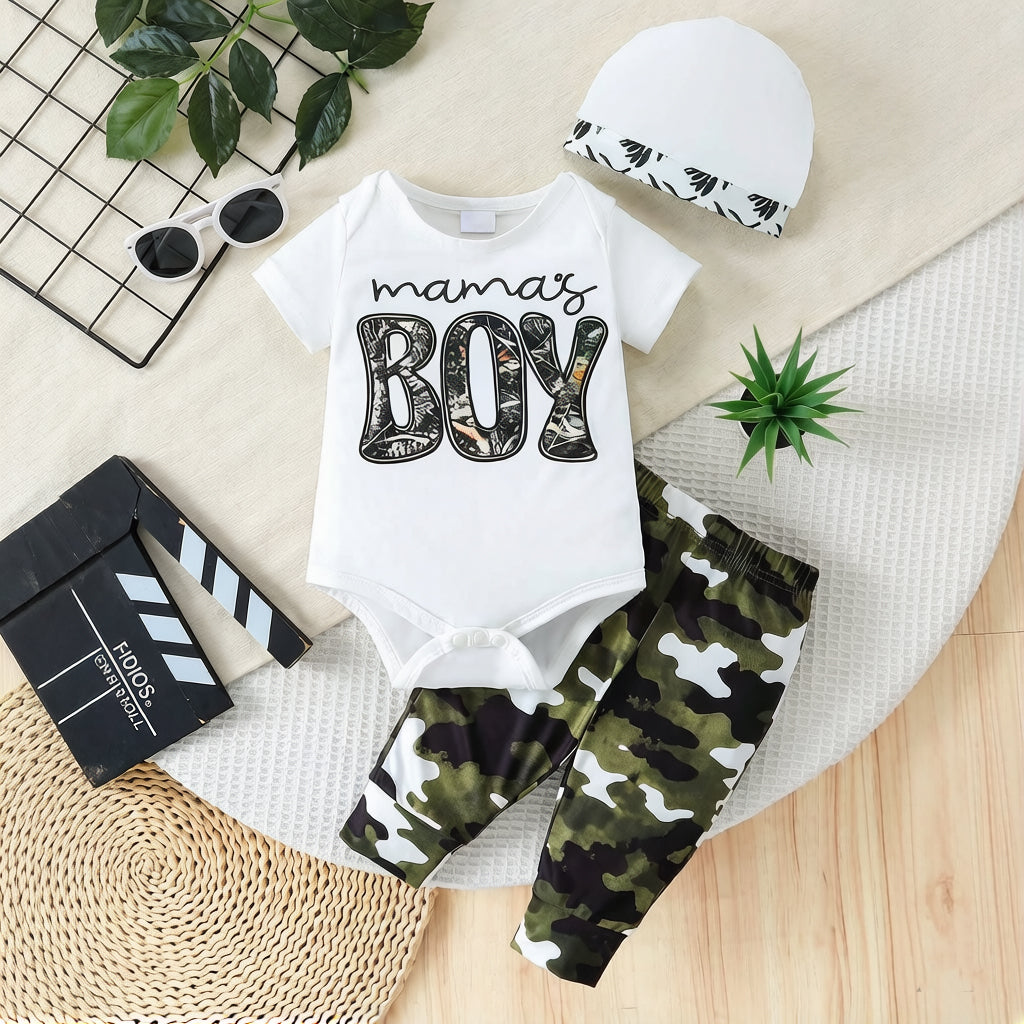 3PCS Cool Mama's Boy Letter Camo Print Short Sleeve Baby Set