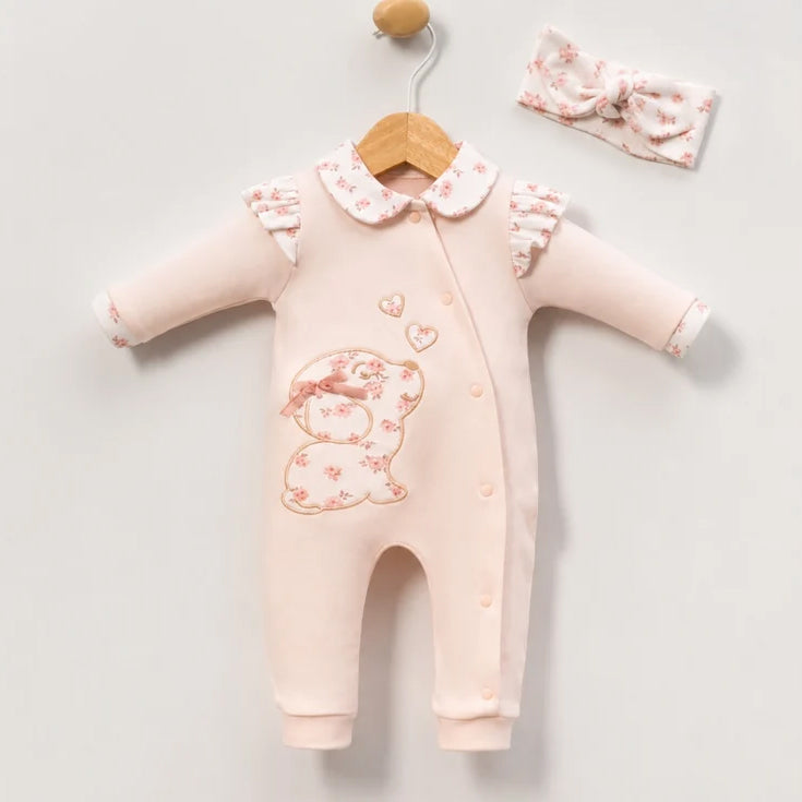 2PCS Cute Puppy Embroidery Floral Printed Long Sleeve Baby Jumpsuit