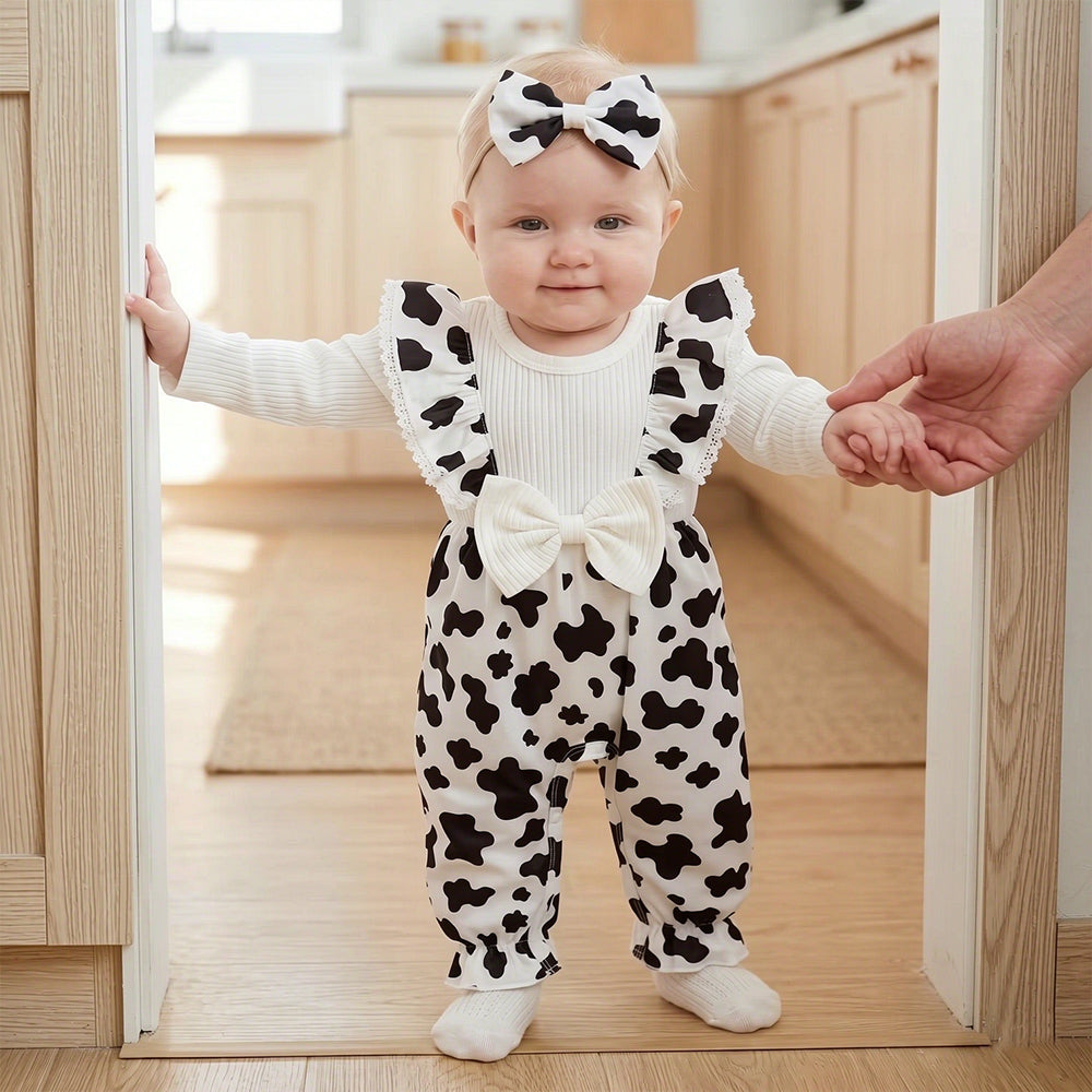 2PCS Chic Cow Print Ruffle Decor Long Sleeve Baby Girl Jumpsuit