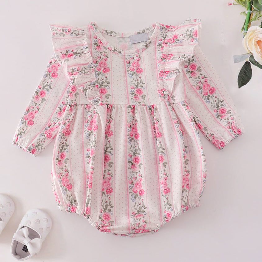 Playful Floral Printed Long Sleeve Baby Girl Romper