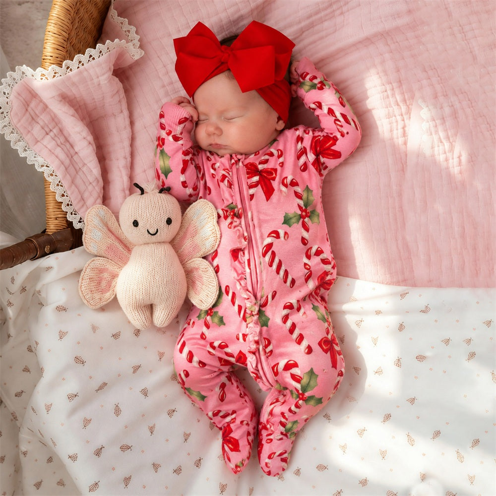 Delightful Christmas Bow Candy Cane Printed Zipper Long Sleeve Baby Jumpsuit