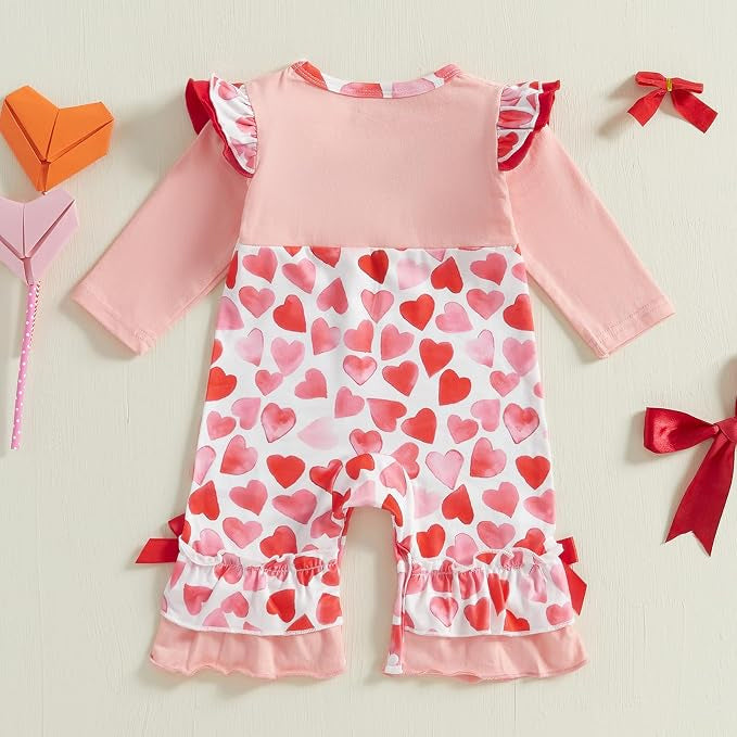 Lovely Heart Print Long Sleeve Ruffle Baby Jumpsuit