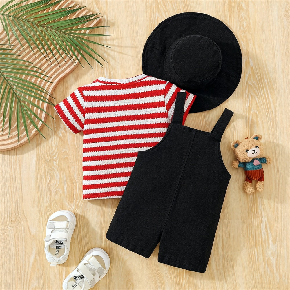 3PCS Lovely Bear Embroidery Stripe Print Short Sleeve Baby Set
