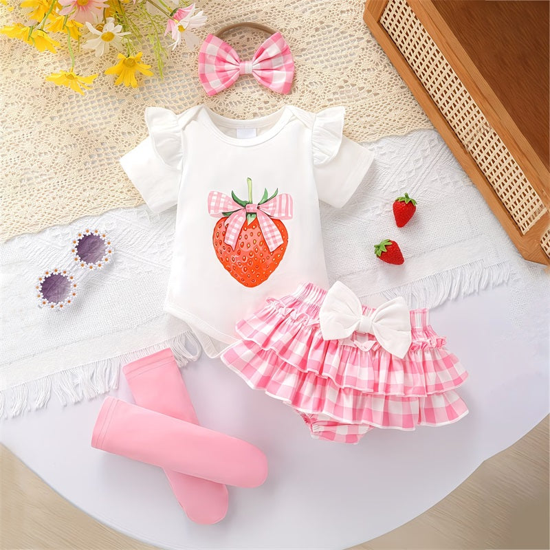 4PCS Sweet Strawberry Printed Plaid Short Sleeve Baby Set