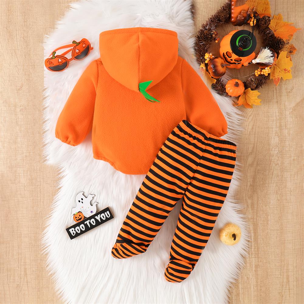 2PCS Pumpkin Printed Striped Long Sleeve Hooded Baby Set