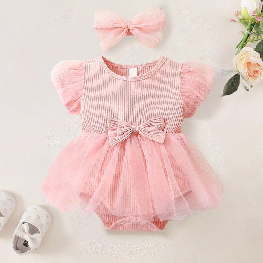 2PCS Elegant Solid Color Baby Romper with Mesh Skirt
