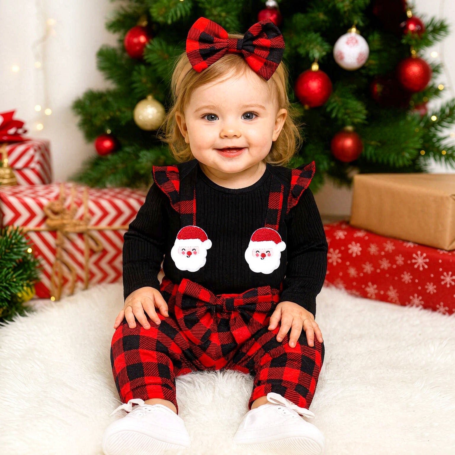 3PCS Christmas Santa Claus Appliqué Plaid Print Long Sleeve Baby Set