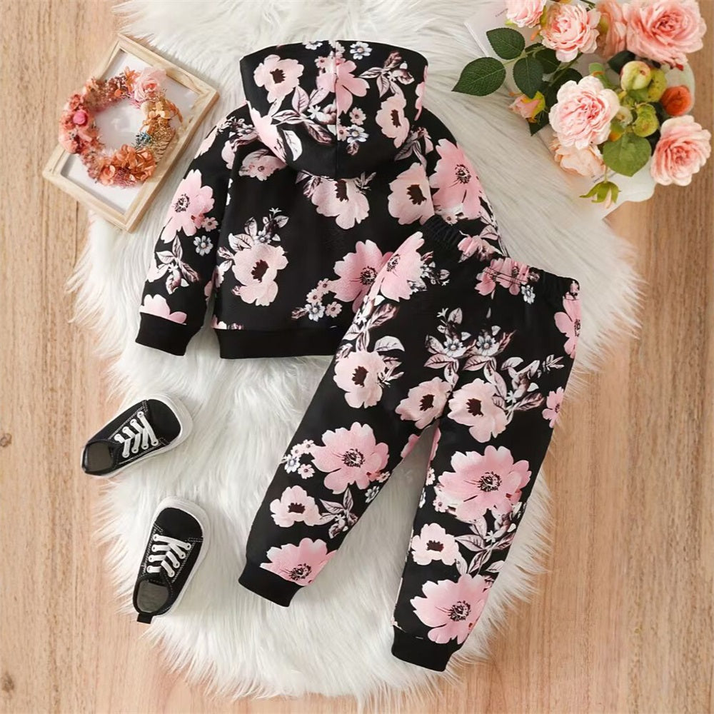 2PCS Stylish Floral Print Long Sleeve Baby Hooded Set