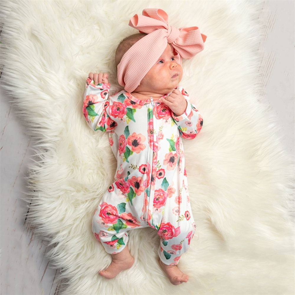 Classy Floral Print Zipper Long Sleeve Baby Jumpsuit