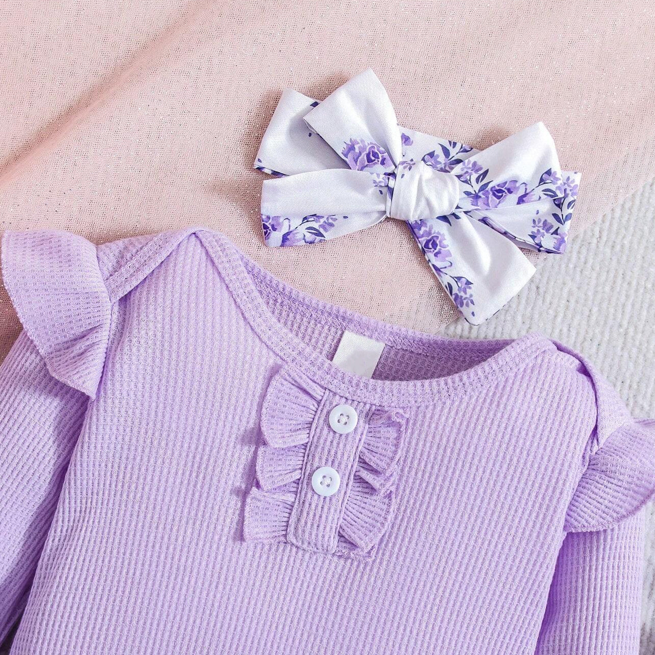 3PCS Elegant Floral Printed Long Sleeve Bow Baby Set