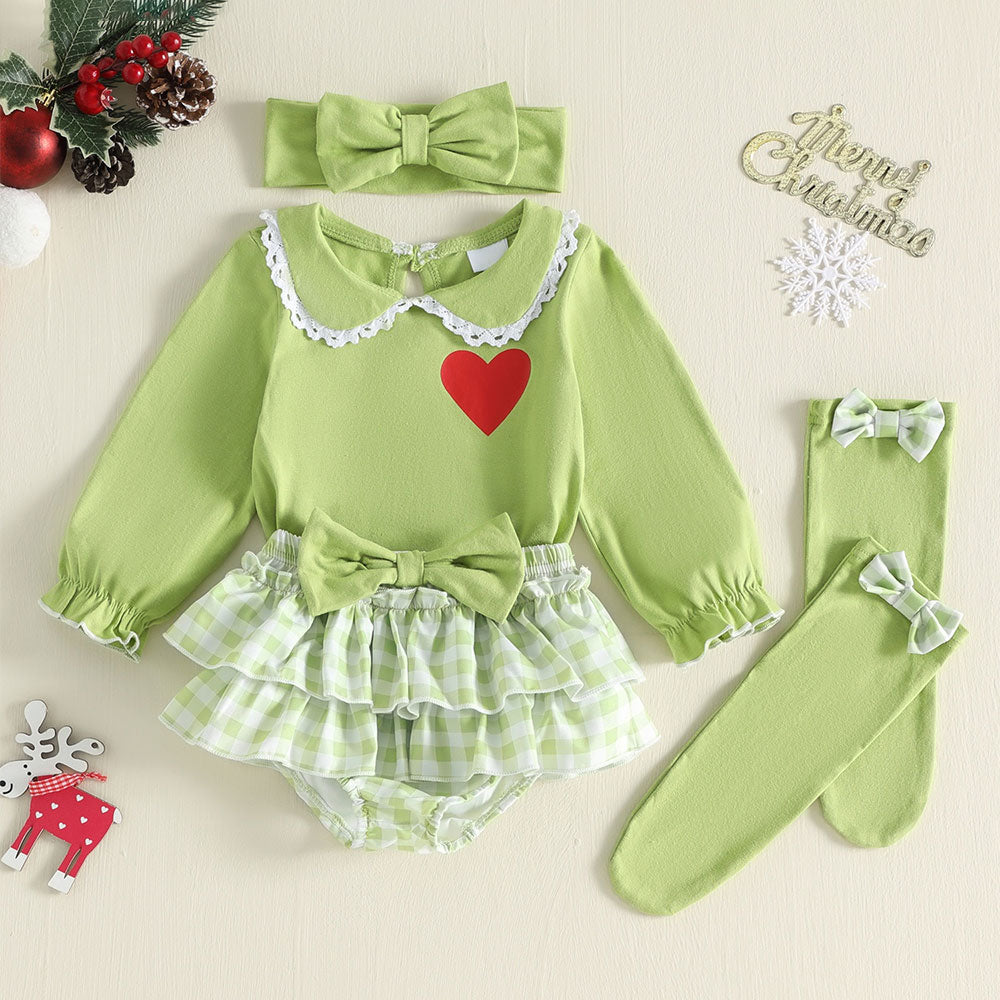 4PCS Christmas Heart and Plaid Printed Long Sleeve Baby Girl Set