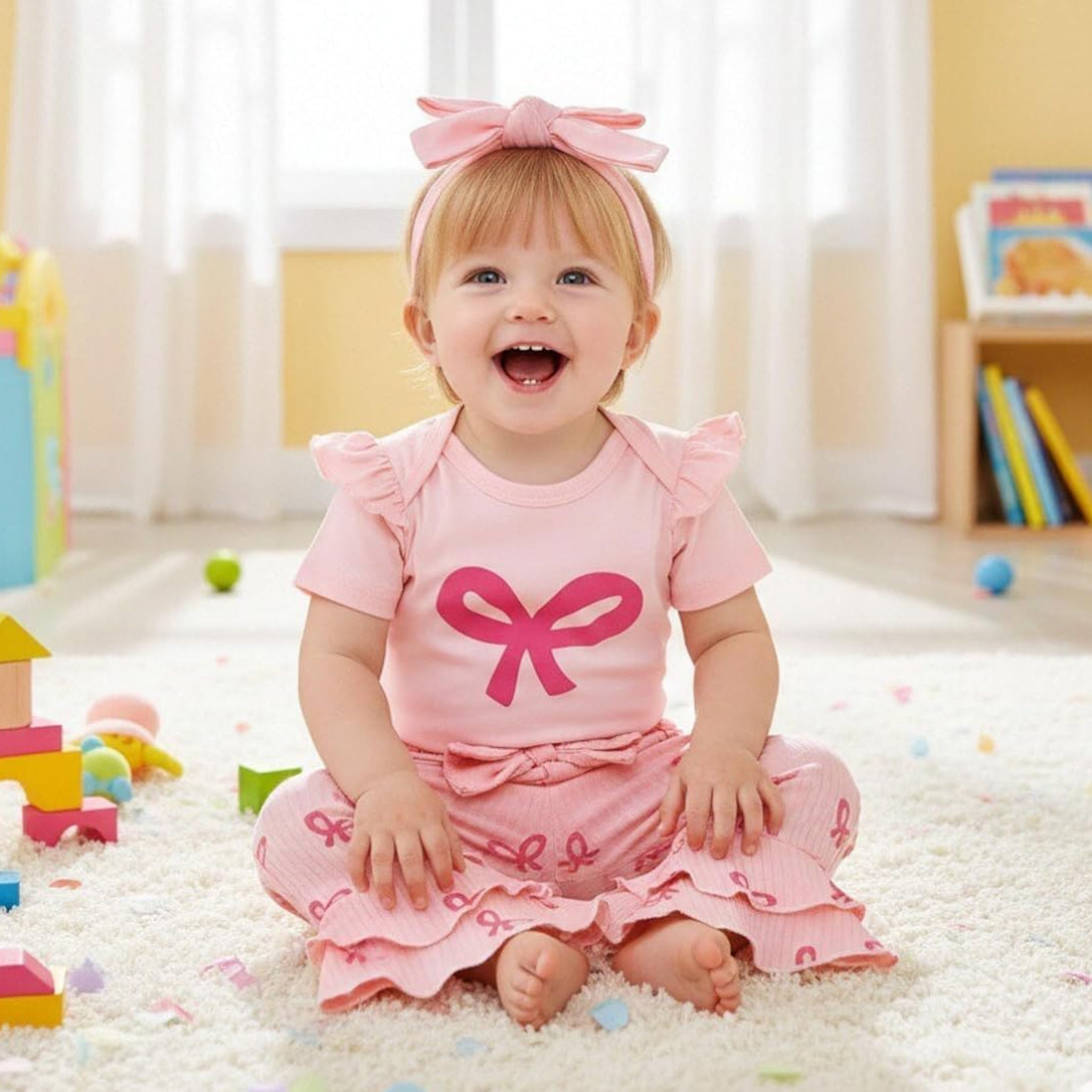 4PCS Cheerful Bow Printed Baby Girl Set