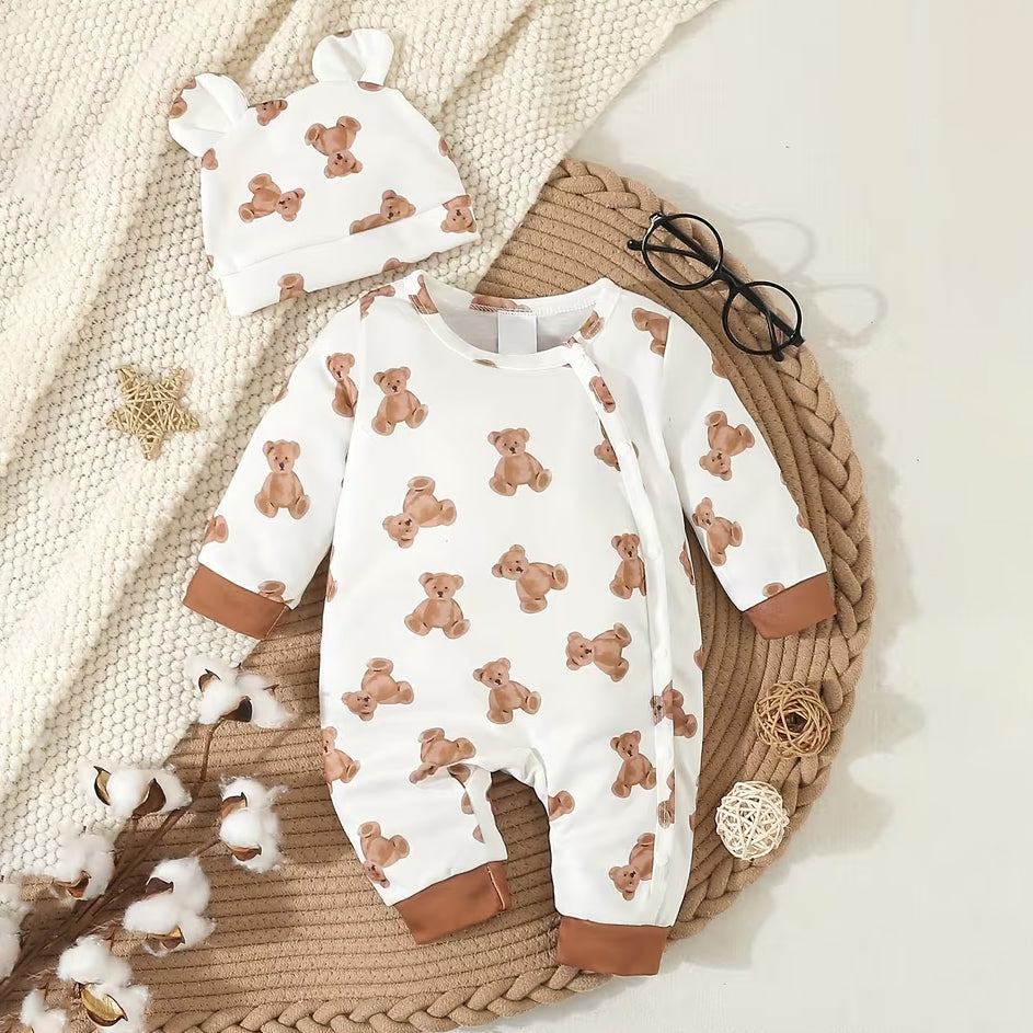 2PCS Delightful Teddy Bear Print Long Sleeve Baby Jumpsuit