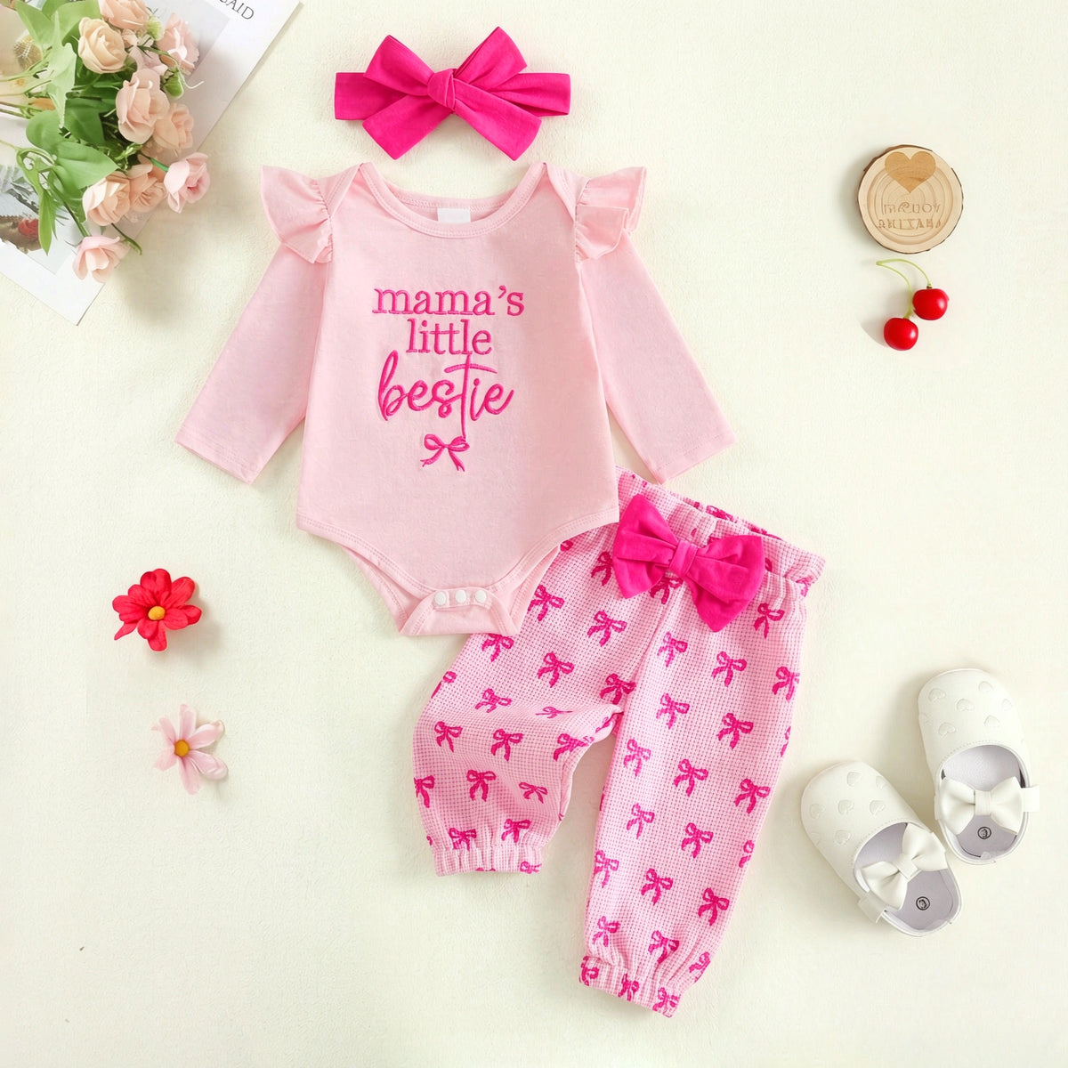3PCS Mama's Little Bestie Letter Bow Print Long Sleeve Baby Set