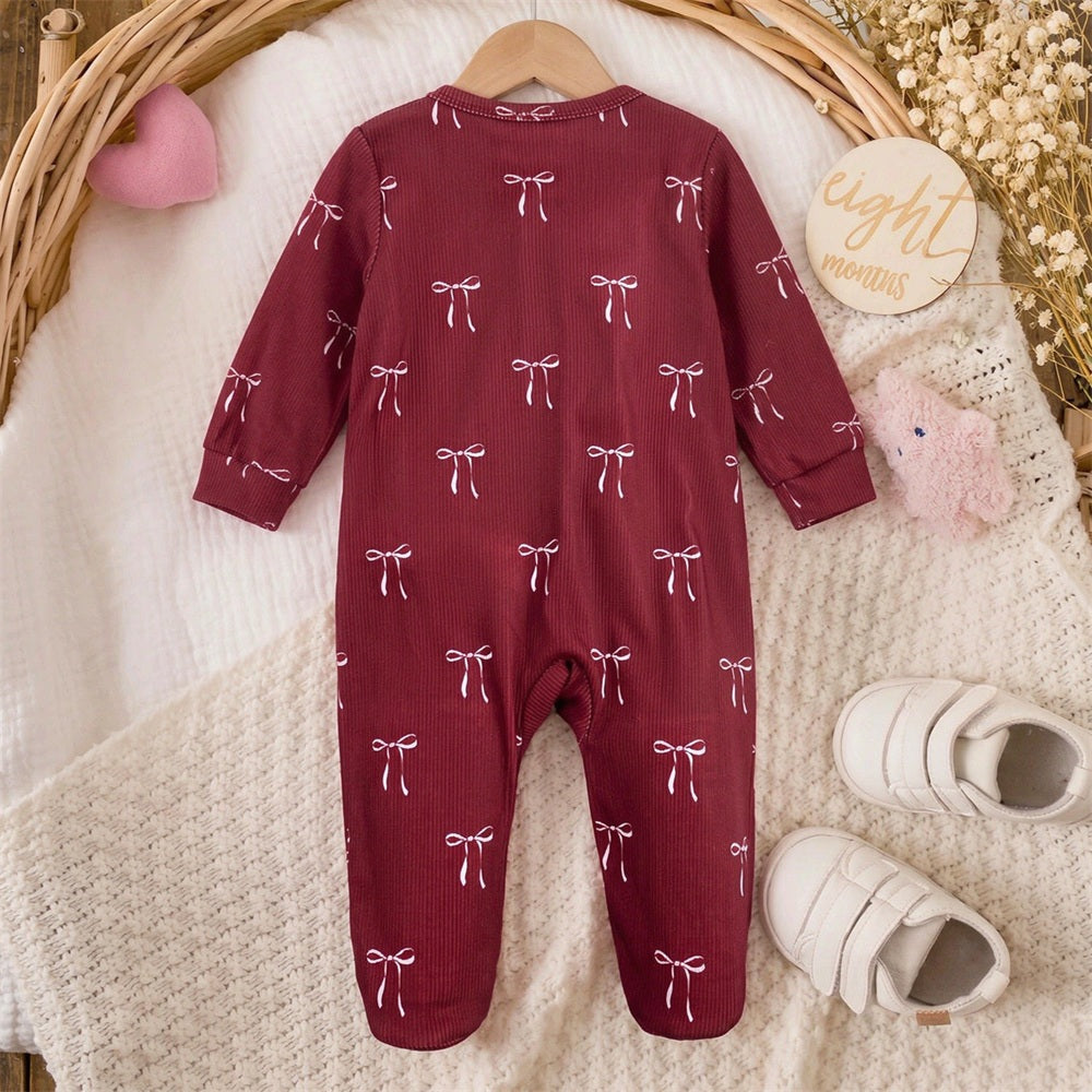 2PCS Grace Bow Print Long Sleeve Zipper Baby Jumpsuit