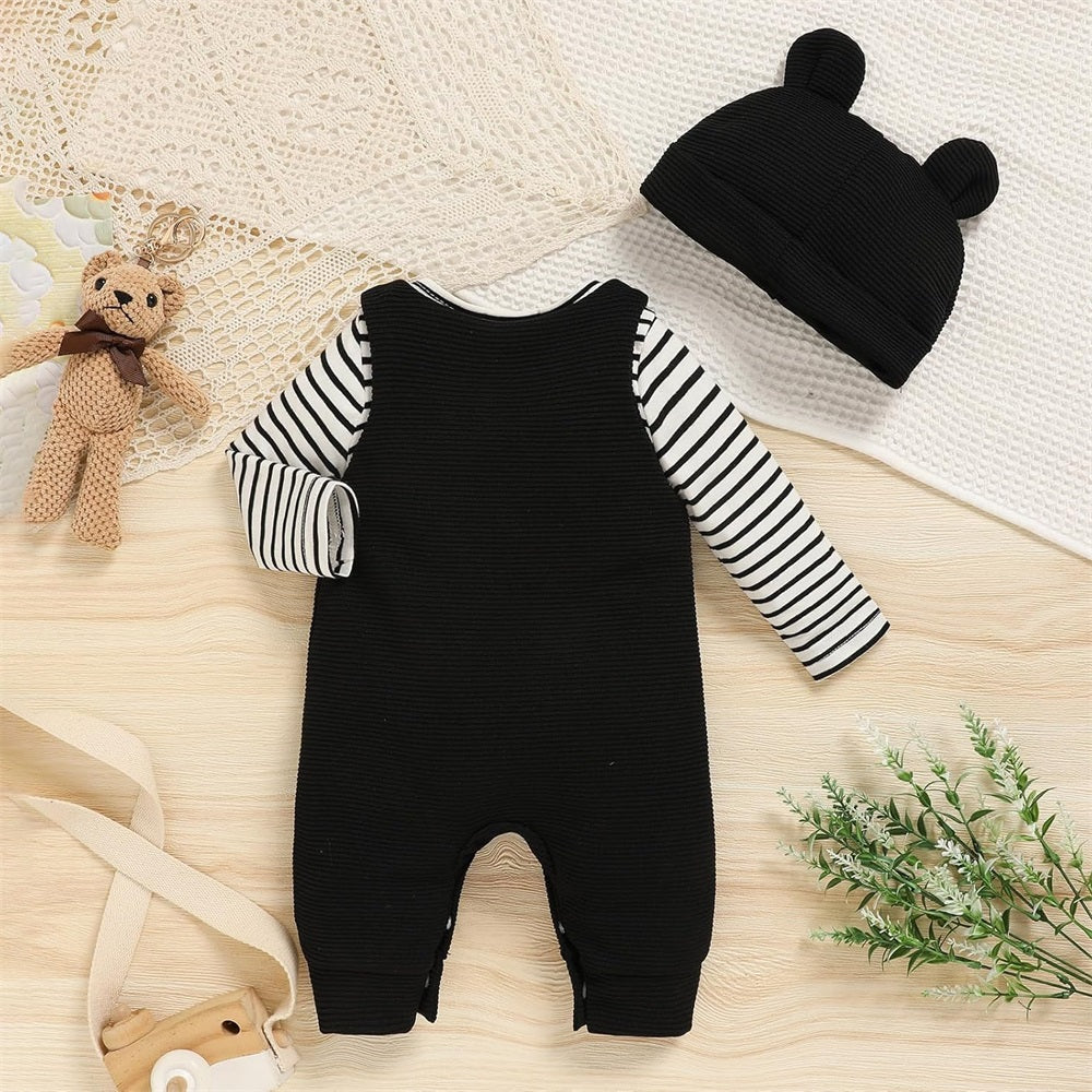 3PCS Mama's Boy Letter Embroidery Striped Baby Overalls Set